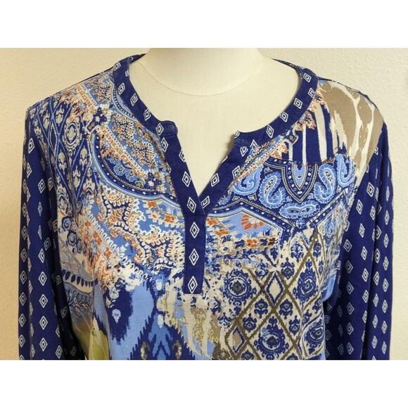 Women's CHICO'S Ikat Print Roll Tab 3/4 Slv Multicolored Cotton/Modal T-Shirt SM - Picture 2 of 11